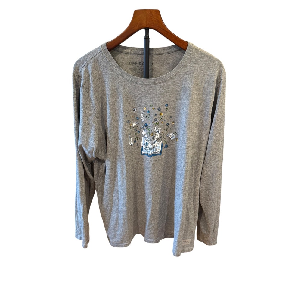 Life is Good Womens XL Crusher Tee Heather Gray Long Sleeve Book Floral Graphic